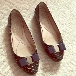 Ferragamo Python Leather Blue VarinA Flats 7 C